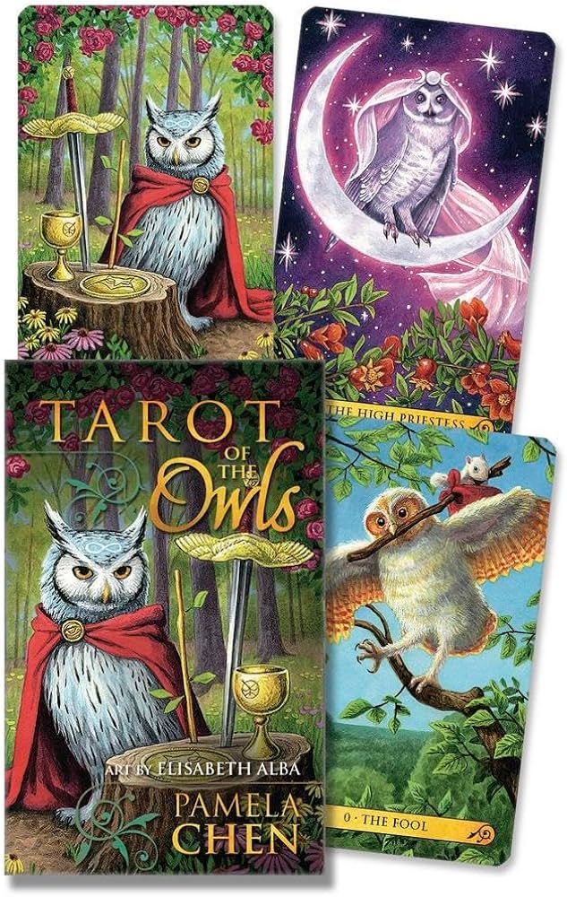 Tarot of the Owls Mini Deck by Pamela Chen & Elisabeth Alba – a 78-card deck featuring whimsical owl-themed artwork, offering intuitive insights for daily guidance.
