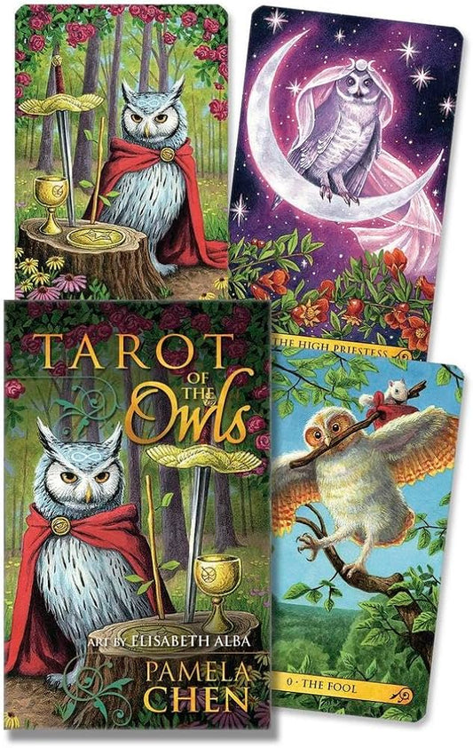 Tarot of the Owls Mini Deck by Pamela Chen & Elisabeth Alba – a 78-card deck featuring whimsical owl-themed artwork, offering intuitive insights for daily guidance.
