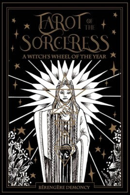 Tarot of the Sorceress by Bérengère Demoncy – A 78-card deck inspired by the Wheel of the Year, featuring intricate black-and-white illustrations with metallic highlights, based on the Tarot de Marseille and Wiccan traditions.
