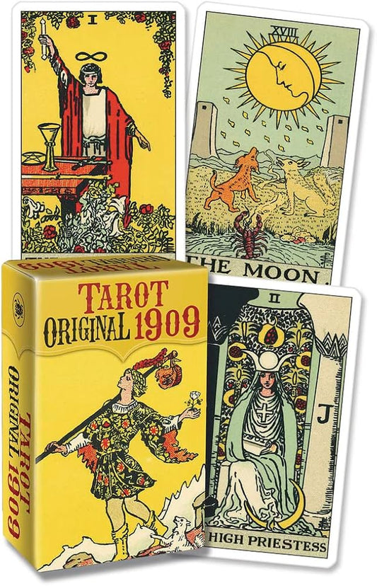 Tarot Original 1909 Mini by Arthur Edward Waite & Pamela Colman Smith – a compact 78-card deck featuring the classic Rider-Waite-Smith illustrations.
