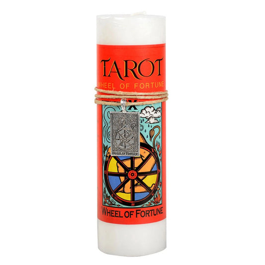 Tarot Wheel of Fortune Candle – ritual candle inspired by the Wheel of Fortune tarot card, symbolizing destiny and cycles.
