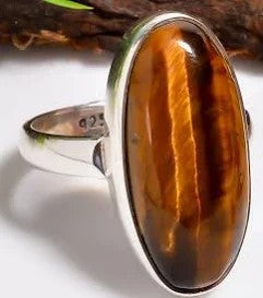 Tiger Eye Oval Large Cab Wave Bezel Sterling Silver Ring Size 8