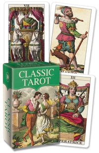 The Classic Tarot by Carlo Della Rocca – a 78-card deck featuring intricate 19th-century engravings, printed on premium black-core cardstock for portability.
