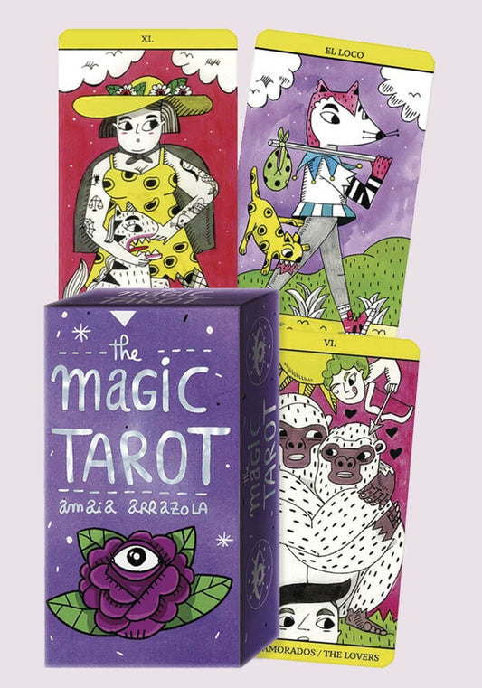 The Magic Tarot by Amaia Arrazola – 78-card deck featuring vibrant, contemporary artwork with feminist themes, including both Spanish and English card titles, accompanied by a multilingual instruction booklet.
