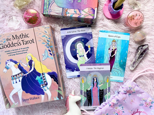 The Mythic Goddess Tarot by Jayne Wallace – A 78-card deck and 64-page illustrated guidebook featuring deities from various traditions, offering insights into sacred femininity and spiritual intuition.
