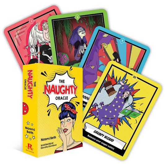 The Naughty Oracle by Naomi Beth & Dorothy Davidson – A 44-card oracle deck featuring comically illustrated cards with intuitive guidance, practical clearing and ascension statements, and journaling prompts to help shift energies and bring light-heartedness into daily life.
