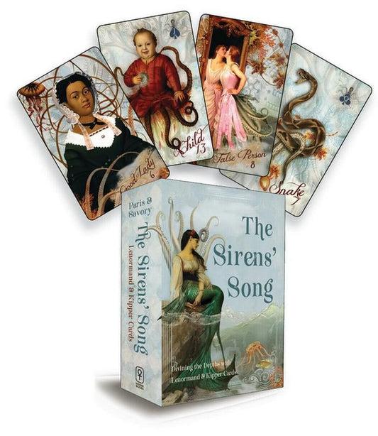 The Siren's Song: Diving the Depths with Lenormand & Kipper Cards by Carrie Paris & Toni Savory – a dual-oracle deck featuring 40 Lenormand and 38 Kipper cards, accompanied by a 144-page full-color guidebook, offering insights into life's mysteries and personal connections.
