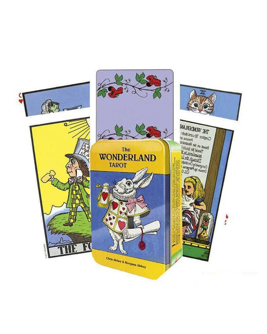 The Wonderland Tarot in a Tin by Chris & Morgana Abbey – 78-card deck featuring whimsical illustrations inspired by Lewis Carroll's characters, housed in a compact tin box with a 56-page booklet.
