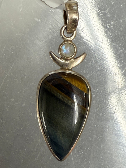 Tiger Eye Moonstone Sterling Silver Pendant – striking dual crystal jewelry combining grounding tiger eye and mystical moonstone energies.
