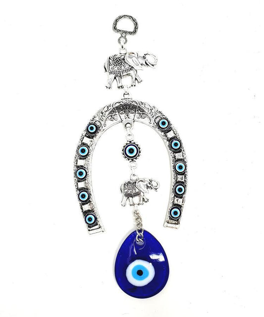 Elephant Horse Shoe with Evil Eye Wall Hanging 8"H, 3.5"W