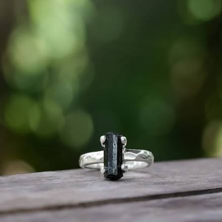 Black Tourmaline Natural Terminated Claw Set .925 Sterling Silver Ring Size 8