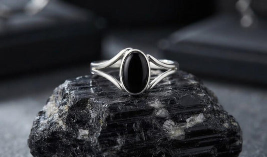 Black Tourmaline Oval Big Split Shank Sterling Silver Ring Size 8