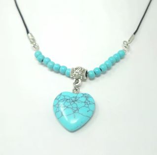 Turquoise Reconstituted Heart With Beads Choker On Black Cord Clasp Necklace