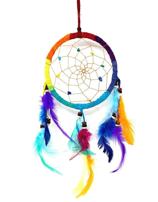 4" Multi Color Chakra Rainbow W/ Feathers & Beads Dream Catcher