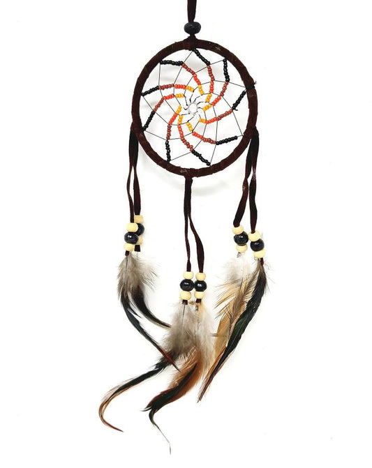 3" Brown Suede Dream Catcher with Feathers & Beads Total length 9"