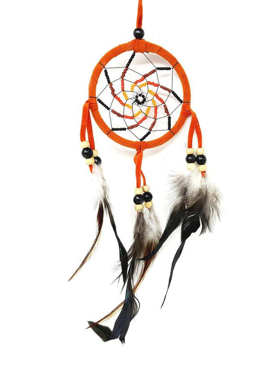 3" Orange Suede Dream Catcher with Feathers & Beads Total length 9"