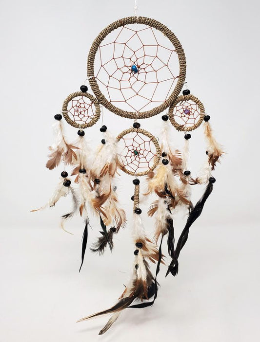 5" Triple Natural Dreamcatcher with feathers & Beads