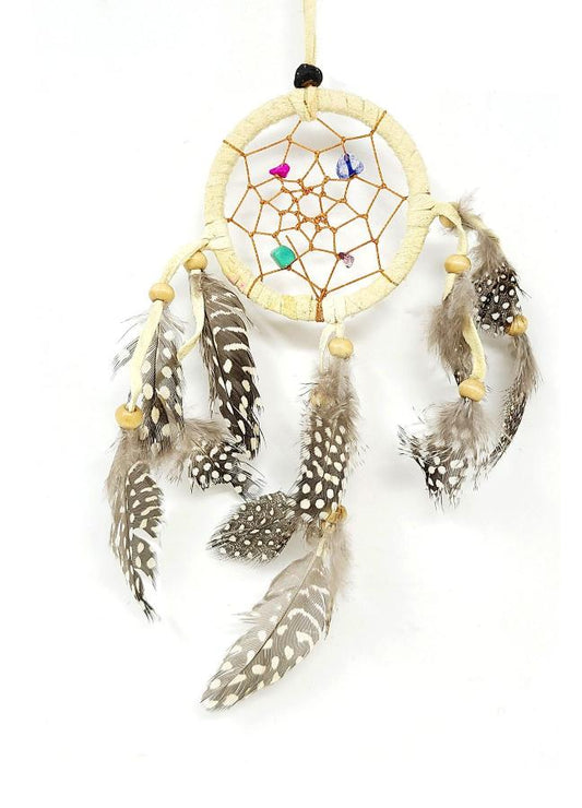 2.5" Light Tan Suede Leather Dream Catcher with Feathers & Beads