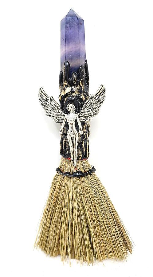 Fluorite Crystal with Angel Altar Broom 7-8"