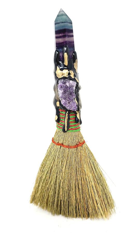 Fluorite Multi Color & Amethyst Altar Broom 7-8"