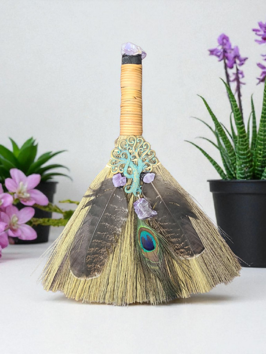 Tree of Life Altar Broom – 12" with Amethyst, Turkey Feather & Peacock Feather