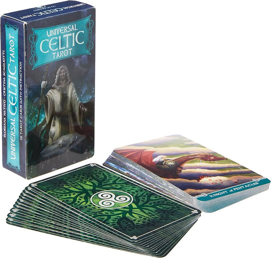Universal Celtic Tarot Mini by Floreana Nativo & Cristina Scagliotti – a 78-card deck featuring expressive artwork inspired by Celtic mythology and landscapes.

