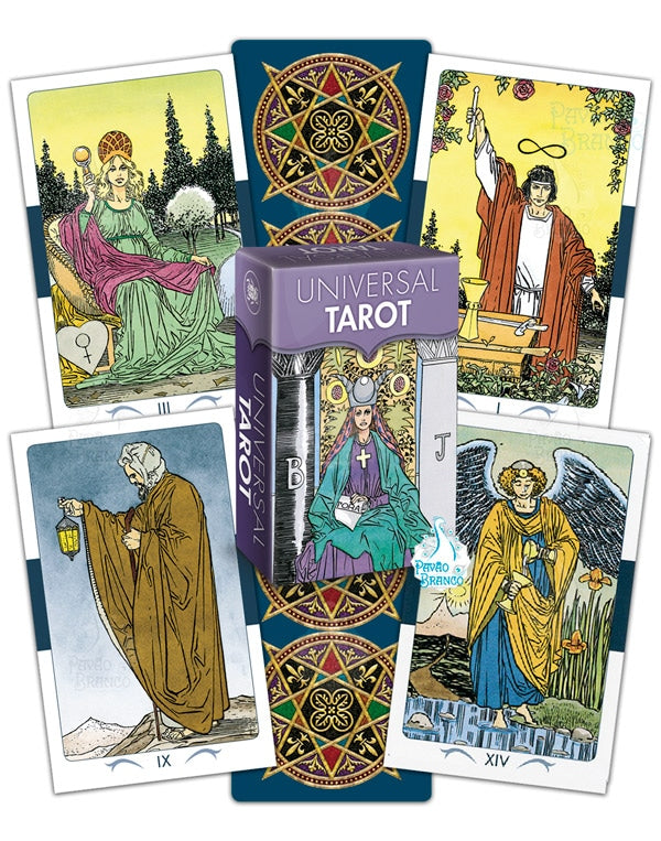 Universal Tarot Mini by Roberto De Angelis – a 78-card deck featuring vibrant, Rider-Waite-inspired artwork, perfect for on-the-go readings.
