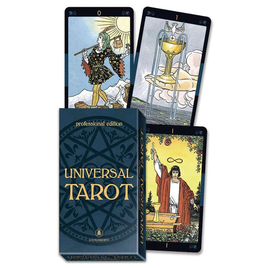 Universal Tarot Professional Edition by Roberto De Angelis – a 78-card deck featuring Rider-Waite-Smith-inspired imagery with enhanced details and gold foil accents, designed for professional readers and educators.
