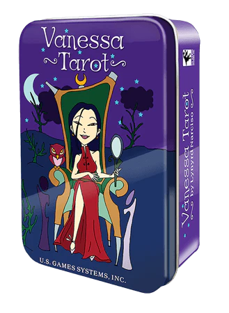 Vanessa Tarot in a Tin by Lynyrd-Jym Narciso – 78-card deck featuring pop culture-inspired illustrations of women reimagining traditional tarot roles, presented in a keepsake tin.
