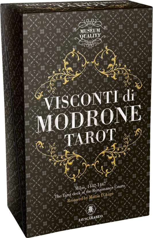 Visconti di Modrone Tarot Museum Quality Edition – 89-card deck featuring digitally restored 15th-century artwork with gold and silver foil accents, presented in a premium box with a guidebook.
