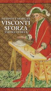 Visconti Sforza Tarot Cards by Stuart R. Kaplan – 80-card deck featuring full-color facsimile reproductions of 74 extant 15th-century Milanese tarocchi cards, with four recreated cards, presented in a deluxe hinged box with a 60-page guidebook.
