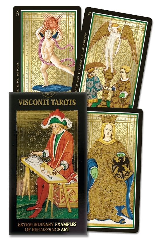 Visconti Tarot Mini by Bonifacio Bembo – a 78-card deck featuring Renaissance-inspired artwork with gold foil accents, restored by A. A. Atanassov.
