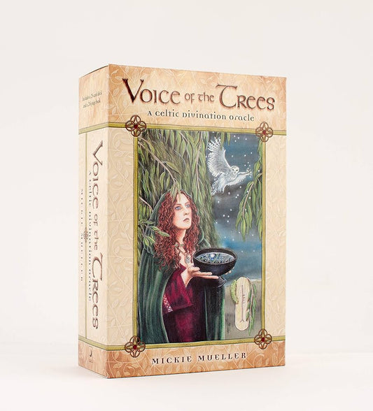 Voice of the Trees by Mickie Mueller – 25-card oracle deck featuring Celtic ogham symbols and tree lore, accompanied by a 216-page guidebook for divination, meditation, and spiritual insight.
