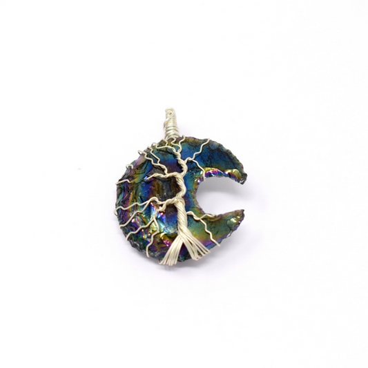 Black Obisidian Titanium Aura Raw Moon Tree of Life Wire Wrapped Pendant