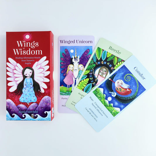 Wings of Wisdom: Healing Affirmation Oracle from Nature's Angels by Alana Fairchild & Lindy Longhurst – a 44-card deck featuring whimsical illustrations of soul guardians like dragonflies, eagles, and fairies, accompanied by a 72-page guidebook with affirmations and card interpretations.

