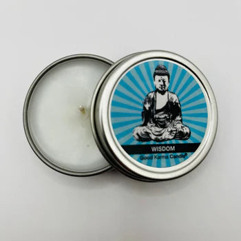 Wisdom Buddha Good Karma Candle 4oz – intention candle for insight, clarity, mindfulness, and spiritual awakening.
