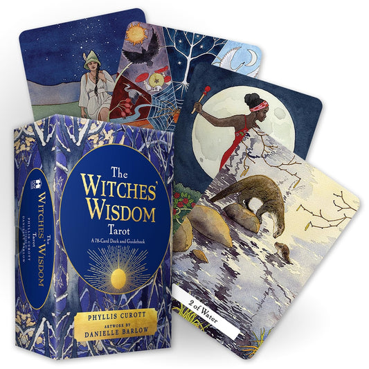 The Witches' Wisdom Tarot by Phyllis Curott & Danielle Barlow – 78-card deck featuring nature-infused artwork and inclusive symbolism, offering spiritual guidance and life-changing wisdom to awaken the Witch within.
