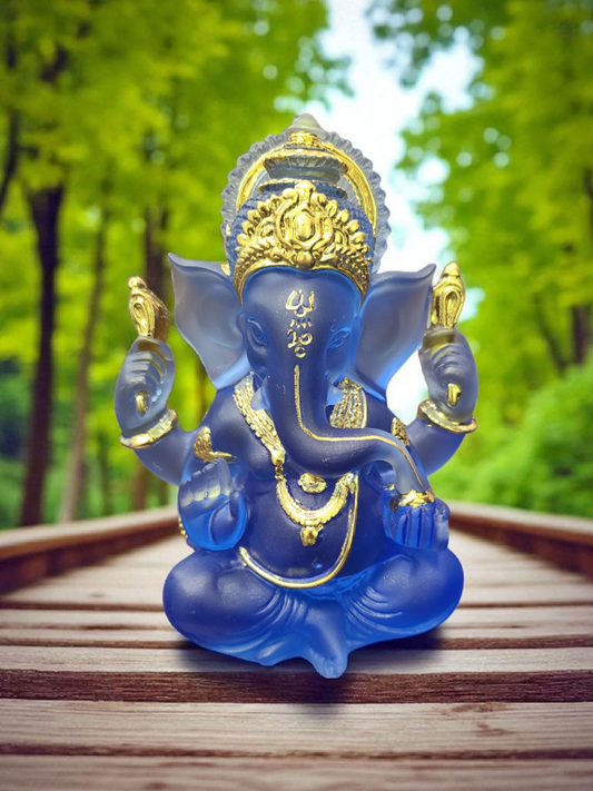Ganesh Statue – Blue Resin with Gold Accents – 5"H x 4"L Decorative Figurine