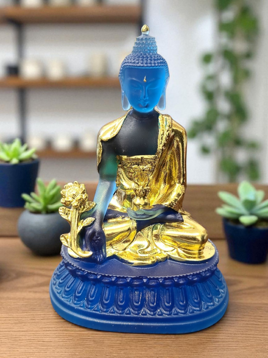 Blue Resin Buddha Statue – Gold Accents – 4.5"H x 3"W Decorative Figurine
