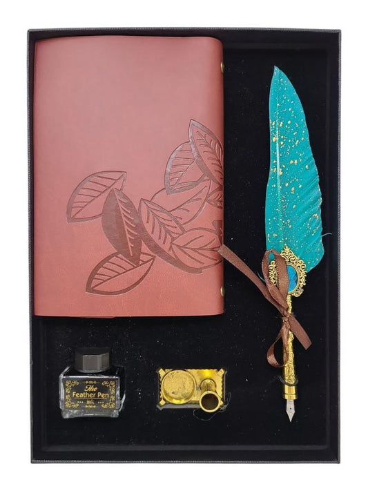 Feather Quill Pen Dip Set – Style 30 | Includes Brown Journal, Feather Pen, Ink Bottle & Nib at Namaste Bookshop NYC