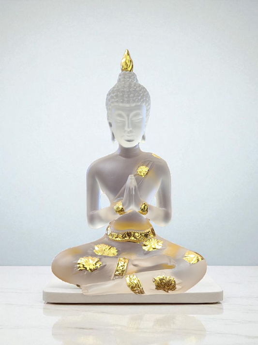 Buddha Statue – Clear Resin with Gold Accents – 4.5"H x 3"W Decorative Figurine