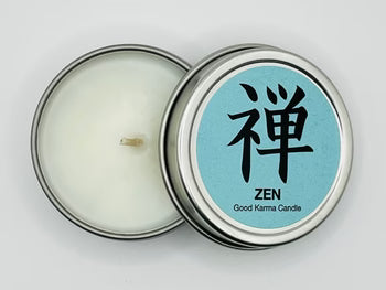 Zen Good Karma Candle promoting peace, balance, and positive energy for meditation and mindful living.
