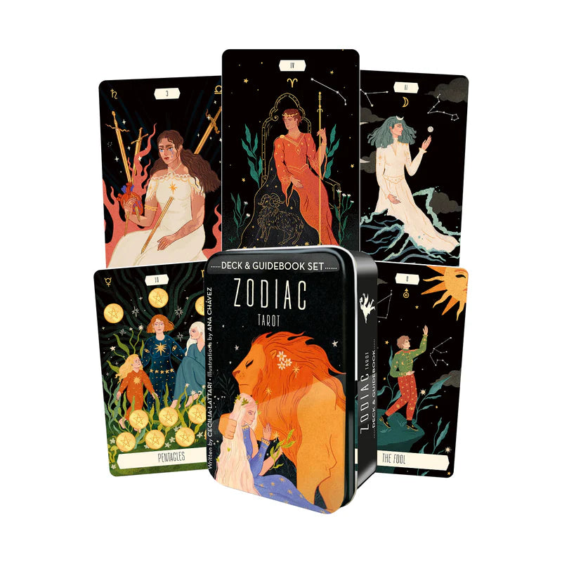 Zodiac Tarot in a Tin by Cecilia Lattari & Ana Chávez – 78-card deck featuring cosmic illustrations inspired by astrology, housed in a compact tin box with a 60-page guidebook.
