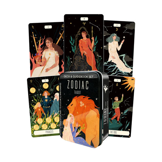 Zodiac Tarot in a Tin by Cecilia Lattari & Ana Chávez – 78-card deck featuring cosmic illustrations inspired by astrology, housed in a compact tin box with a 60-page guidebook.
